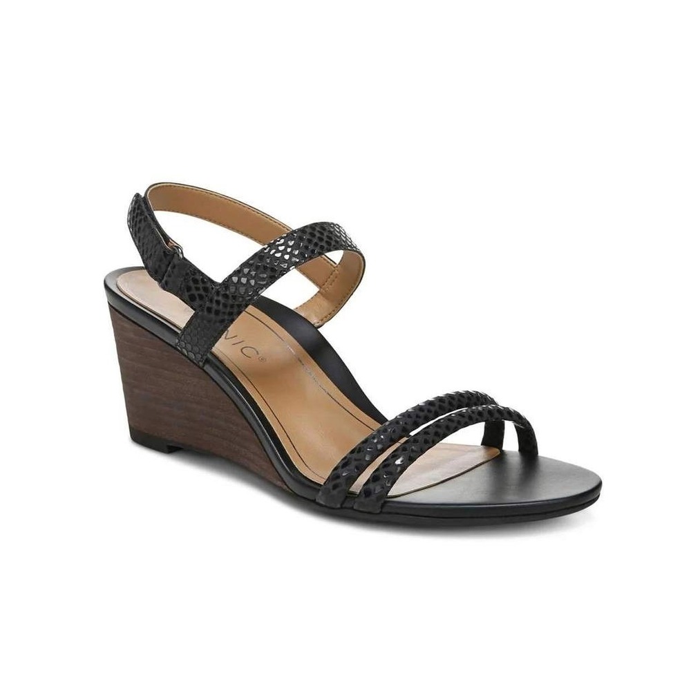 Vionic‎ Emmy Lizard Embossed Wedge Sandals Black Strappy Heels Women 10M